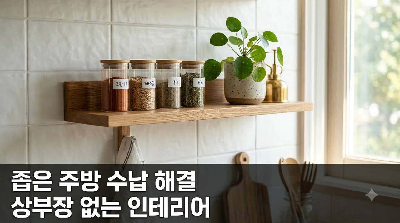 좁은 주방 수납 고민 해결! 상부장 없는 인테리어와 무타공 벽면 선반 활용법